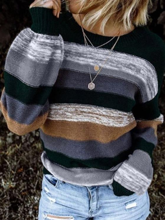 Women's Sweaters Round Neck Contrast Stitching Long Sleeve Striped Knitted Sweater - Cardigans & Sweaters - INS | Online Fashion Free Shipping Clothing, Dresses, Tops, Shoes - 10/08/2021 - 20-30 - Cardigans & Sweaters