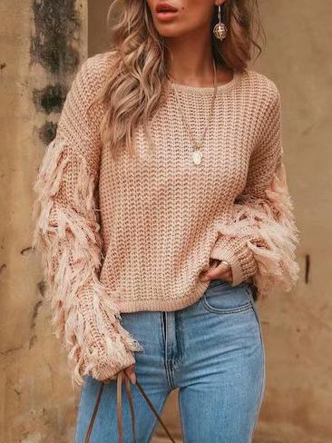 Women's Sweaters Round Neck Fringed Long Sleeve Sweater - Cardigans & Sweaters - INS | Online Fashion Free Shipping Clothing, Dresses, Tops, Shoes - 30/09/2021 - Cardigans & Sweaters - Color_Black