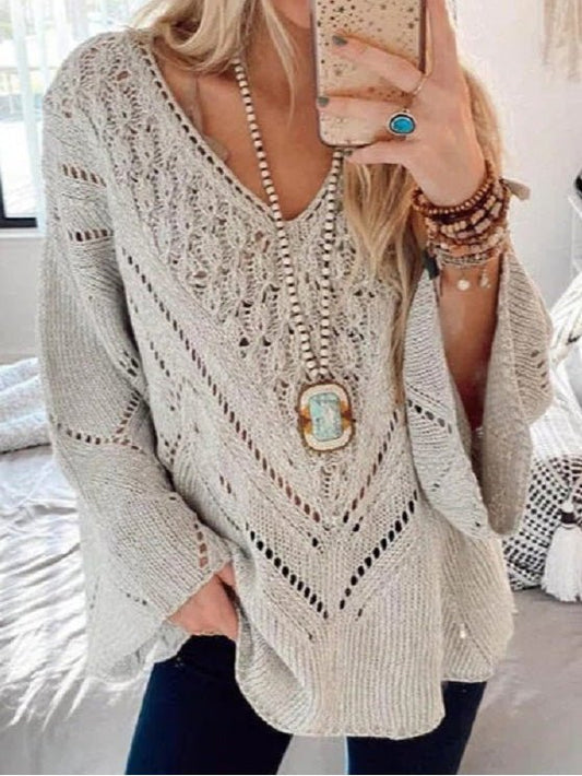 Women's Sweaters Solid V-Neck Hollow Long Sleeve Sweater - Sweaters - Instastyled | Online Fashion Free Shipping Clothing, Dresses, Tops, Shoes - 0120GSM - 12/08/2022 - Cardigans & Sweaters