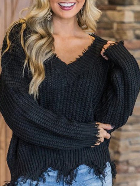 Women's Sweaters Solid V-Neck Long Sleeve Irregular Sweater - Sweaters - Instastyled | Online Fashion Free Shipping Clothing, Dresses, Tops, Shoes - 21/09/2022 - Color_Black - Color_Gray