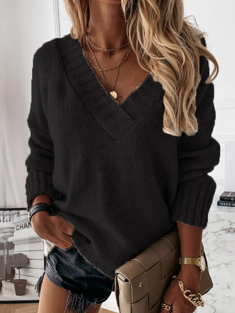 Women's Sweaters Solid V-Neck Long Sleeve Knit Sweater - Sweaters - Instastyled | Online Fashion Free Shipping Clothing, Dresses, Tops, Shoes - 18/10/2022 - 30-40 - color-black