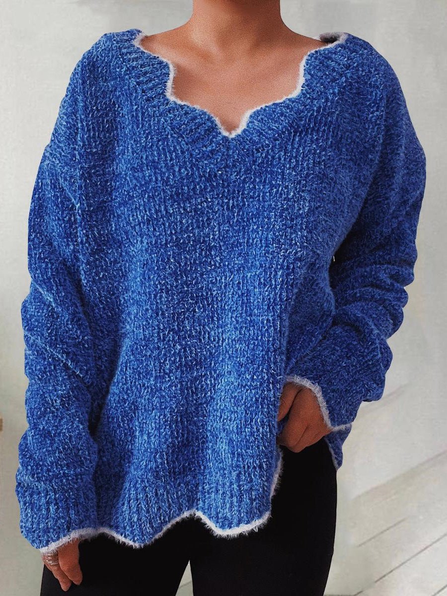Sweaters - Solid Wavy Neck Long Sleeve Sweater - MsDressly