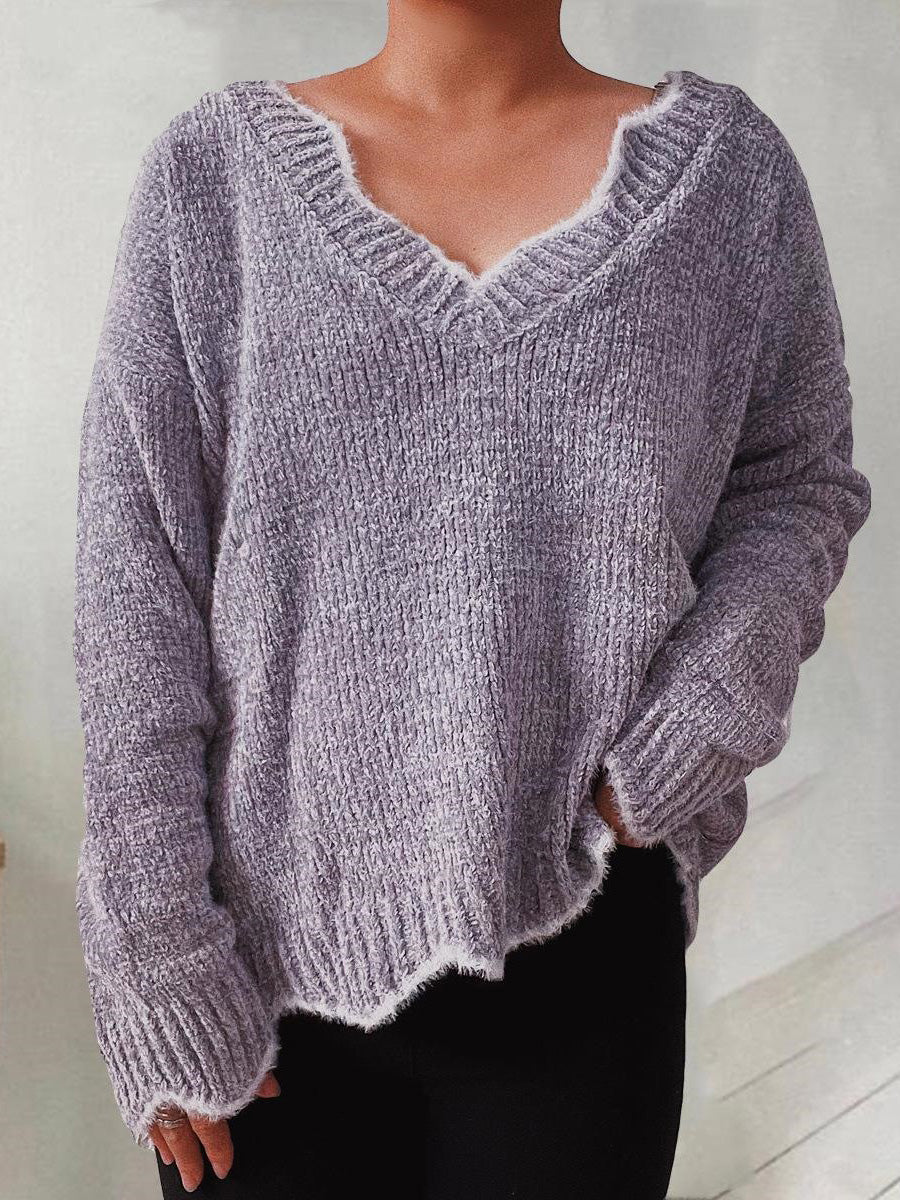 Sweaters - Solid Wavy Neck Long Sleeve Sweater - MsDressly