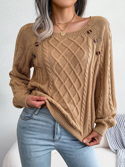 Women's Sweaters Square-Neck Button Down Twist Knit Pullover Sweater - Sweaters - Instastyled | Online Fashion Free Shipping Clothing, Dresses, Tops, Shoes - 23/11/2022 - Color_Army Green - Color_Black