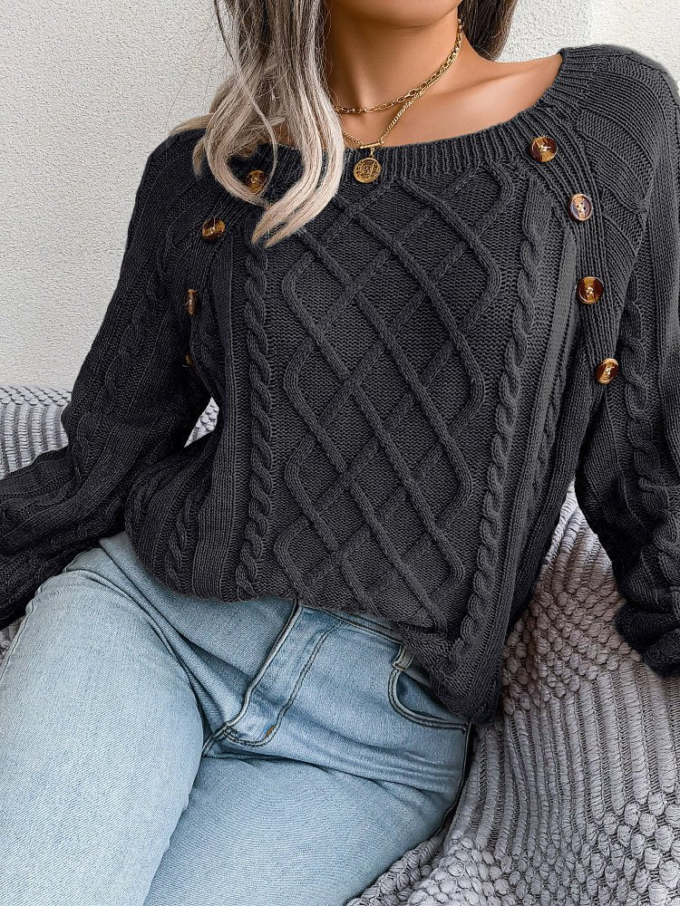 Women's Sweaters Square-Neck Button Down Twist Knit Pullover Sweater - Sweaters - Instastyled | Online Fashion Free Shipping Clothing, Dresses, Tops, Shoes - 23/11/2022 - Color_Army Green - Color_Black