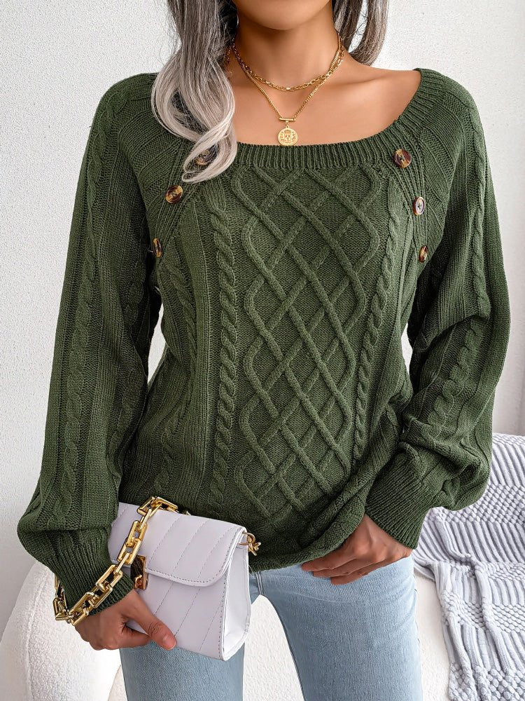 Women's Sweaters Square Neck Button Long Sleeve Sweater - Sweaters - Instastyled | Online Fashion Free Shipping Clothing, Dresses, Tops, Shoes - 09/09/2022 - 30-40 - color-army_green