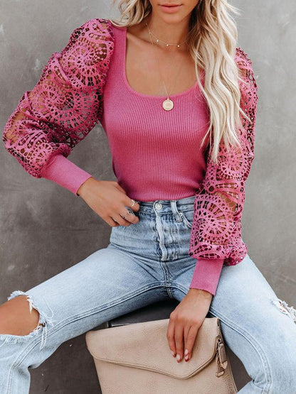 Women's Sweaters Square Neck Lace Panel Long Sleeve Knit Sweaters - Cardigans & Sweaters - Instastyled | Online Fashion Free Shipping Clothing, Dresses, Tops, Shoes - 14/01/2022 - 30-40 - Cardigans & Sweaters