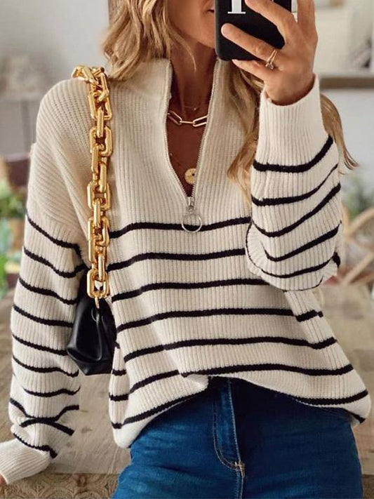 Women's Sweaters Striped Colorblock Round Neck Zipper Pullover Knitted Sweater - Cardigans & Sweaters - INS | Online Fashion Free Shipping Clothing, Dresses, Tops, Shoes - 10/09/2021 - 40-50 - Cardigans & Sweaters