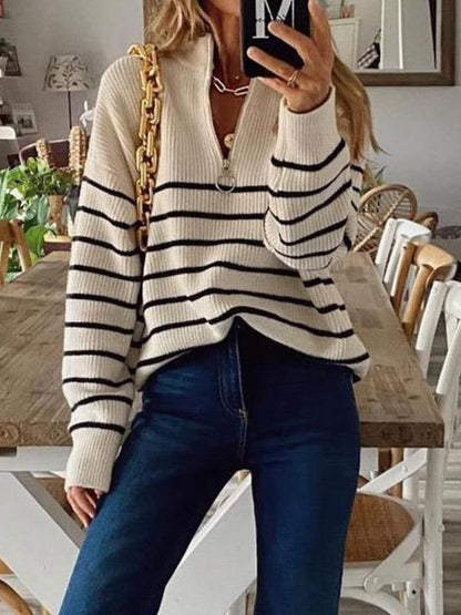 Women's Sweaters Striped Colorblock Round Neck Zipper Pullover Knitted Sweater - Cardigans & Sweaters - INS | Online Fashion Free Shipping Clothing, Dresses, Tops, Shoes - 10/09/2021 - 40-50 - Cardigans & Sweaters