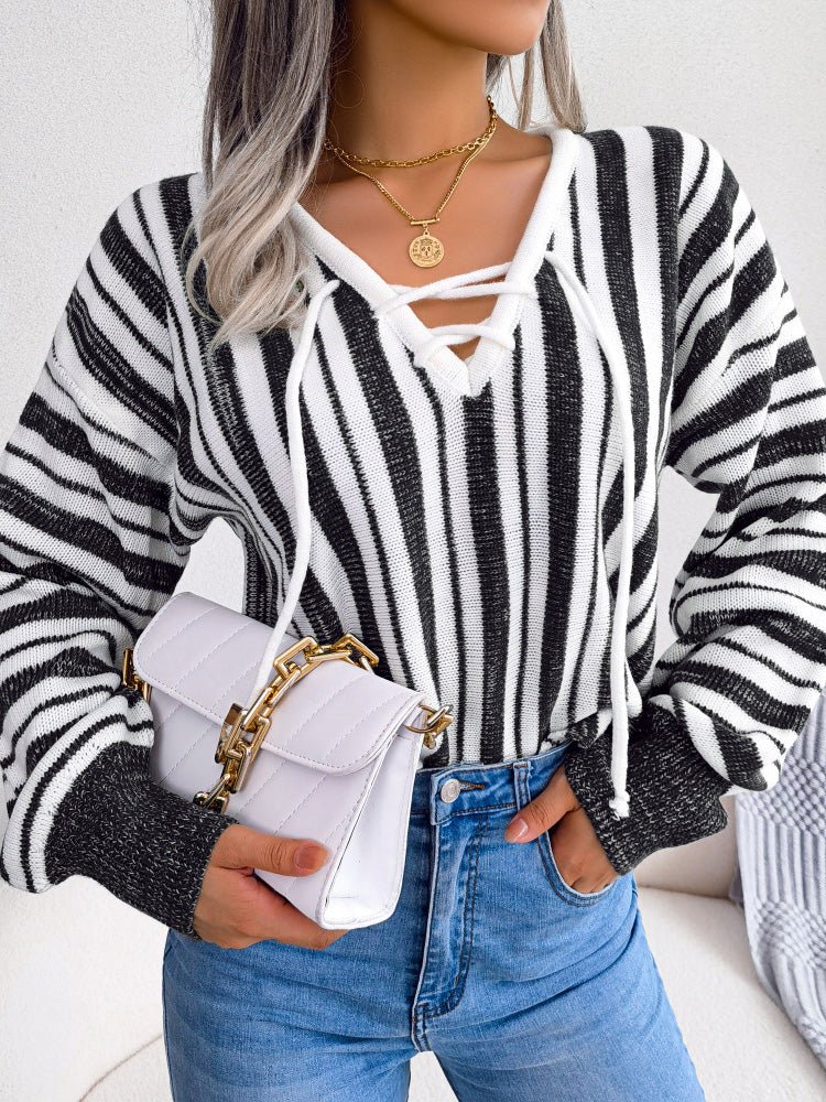 Women's Sweaters Striped Lace-Up Balloon Sleeve Sweater - Sweaters - Instastyled | Online Fashion Free Shipping Clothing, Dresses, Tops, Shoes - 27/08/2022 - 30-40 - cardigans-sweaters