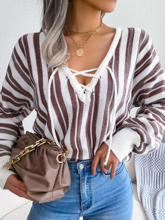 Women's Sweaters Striped Lace-Up Balloon Sleeve Sweater - Sweaters - Instastyled | Online Fashion Free Shipping Clothing, Dresses, Tops, Shoes - 27/08/2022 - 30-40 - cardigans-sweaters