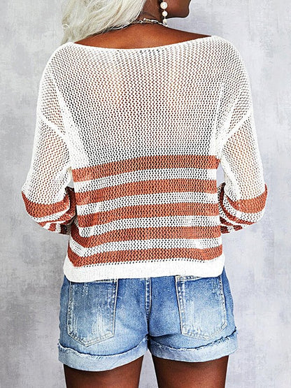 Women's Sweaters Striped See-Through Round Neck Long Sleeve Sweater - Cardigans & Sweaters - INS | Online Fashion Free Shipping Clothing, Dresses, Tops, Shoes - 03/09/2021 - 20-30 - Cardigans & Sweaters