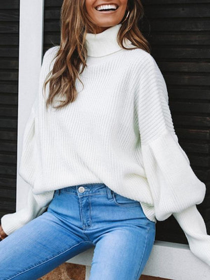 Sweaters - Turtleneck Solid Long Sleeve Knitted Sweater - MsDressly