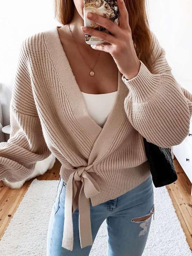 Women's Sweaters V-Neck Long Sleeve Lace-Up Knitted Sweater - Cardigans & Sweaters - INS | Online Fashion Free Shipping Clothing, Dresses, Tops, Shoes - 06/09/2021 - 30-40 - Cardigans & Sweaters