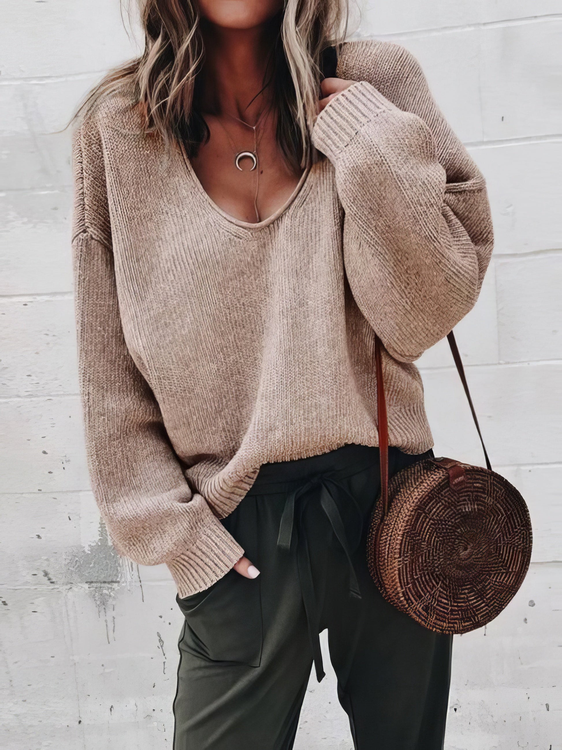 Sweaters - V-Neck Long Sleeve Solid Loose Knit Sweater - MsDressly