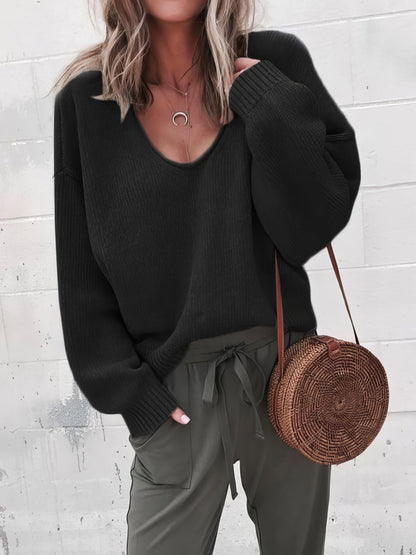 Sweaters - V-Neck Long Sleeve Solid Loose Knit Sweater - MsDressly