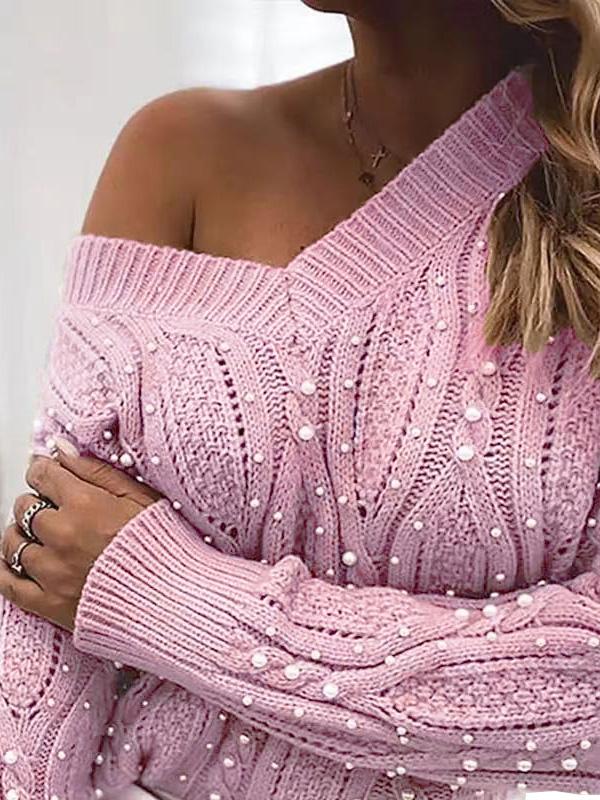 Women's Sweaters V-Neck Pullover Beaded Long Sleeve Sweater - Cardigans & Sweaters - INS | Online Fashion Free Shipping Clothing, Dresses, Tops, Shoes - 26/08/2021 - 30-40 - Cardigans & Sweaters