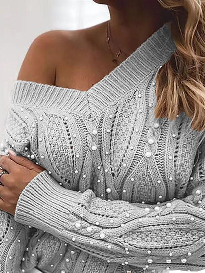 Women's Sweaters V-Neck Pullover Beaded Long Sleeve Sweater - Cardigans & Sweaters - INS | Online Fashion Free Shipping Clothing, Dresses, Tops, Shoes - 26/08/2021 - 30-40 - Cardigans & Sweaters