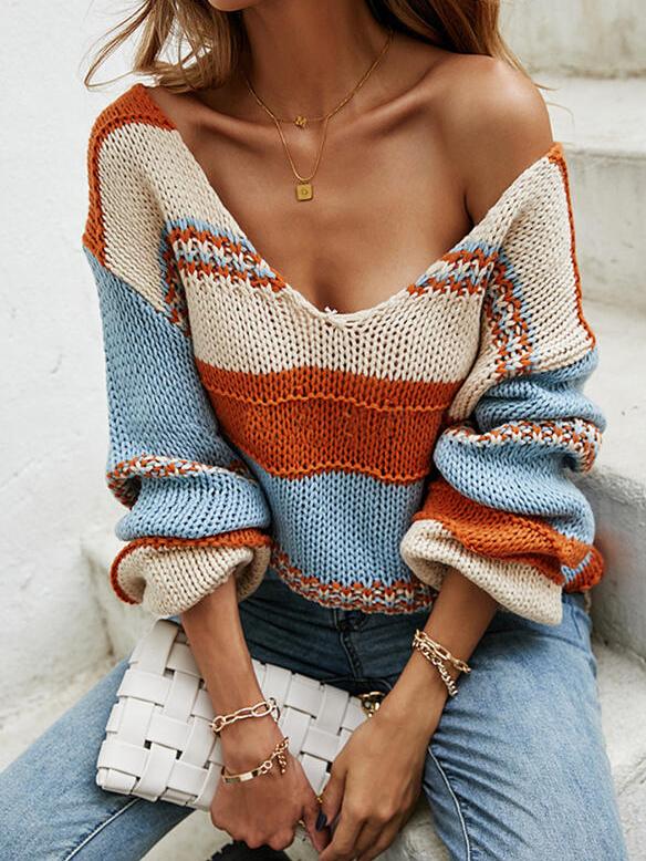 Women's Sweaters V-Neck Stripes Lazy Long Sleeve Sweater - Cardigans & Sweaters - INS | Online Fashion Free Shipping Clothing, Dresses, Tops, Shoes - 1/11/2021 - 30-40 - Cardigans & Sweaters