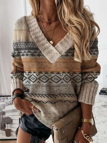 Women's Sweaters Vintage Printed V-Neck Long Sleeve Sweater - Cardigans & Sweaters - INS | Online Fashion Free Shipping Clothing, Dresses, Tops, Shoes - 20/10/2021 - 30-40 - Cardigans & Sweaters