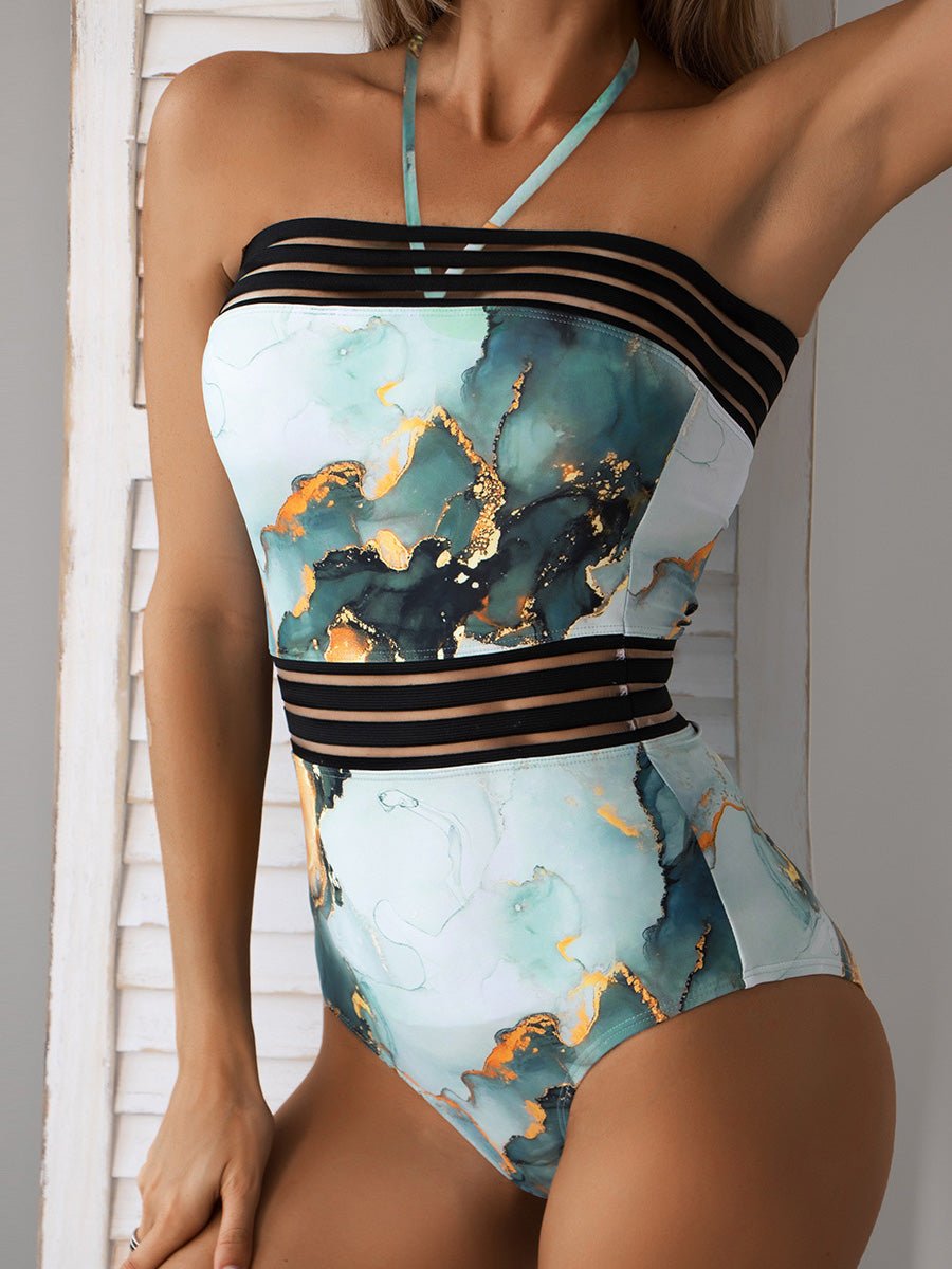 Women's Swimsuits Printed Halter Mesh Panel One Piece Swimsuit - Swimsuits - Instastyled | Online Fashion Free Shipping Clothing, Dresses, Tops, Shoes - 20-30 - 20/05/2022 - color-blue