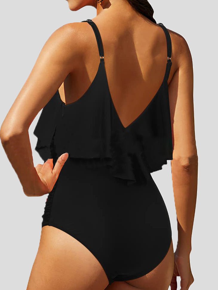 Women's Swimsuits Printed V-Neck Ruffle One Piece Swimsuit - Swimsuits - Instastyled | Online Fashion Free Shipping Clothing, Dresses, Tops, Shoes - 22/04/2022 - Color_Black - Color_Blue