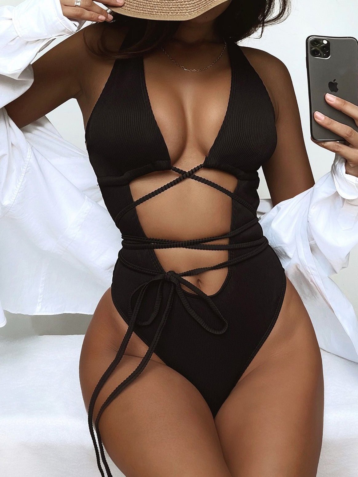 Women's Swimsuits Solid Cutout Tie Bikini One Piece Swimsuit - Swimsuits - Instastyled | Online Fashion Free Shipping Clothing, Dresses, Tops, Shoes - 20-30 - 20/05/2022 - color-black