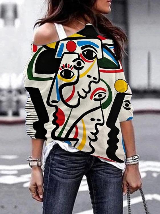 Women's T-Shirts Abstract Color Face Print Off-Shoulder T-Shirt - T-Shirts - INS | Online Fashion Free Shipping Clothing, Dresses, Tops, Shoes - 10-20 - 10/09/2021 - Category_T-Shirts