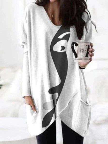 Women's T-Shirts Abstract Face Print Long Sleeve Mid-Length T-Shirt - T-Shirts - INS | Online Fashion Free Shipping Clothing, Dresses, Tops, Shoes - 09/09/2021 - 20-30 - Category_T-Shirts