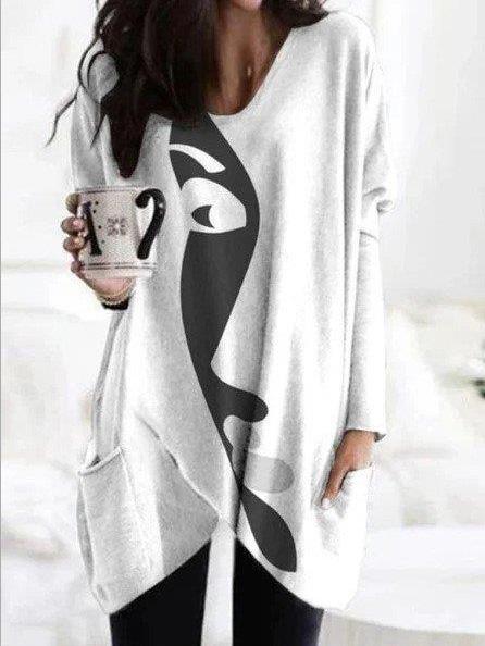 Women's T-Shirts Abstract Face Print Long Sleeve Mid-Length T-Shirt - T-Shirts - INS | Online Fashion Free Shipping Clothing, Dresses, Tops, Shoes - 09/09/2021 - 20-30 - Category_T-Shirts