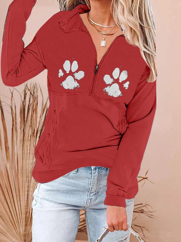 Women's T-Shirts Animal Footprint Zip Long Sleeve T-Shirt - Hoodies - INS | Online Fashion Free Shipping Clothing, Dresses, Tops, Shoes - 16/09/2021 - 20-30 - Category_Hoodies