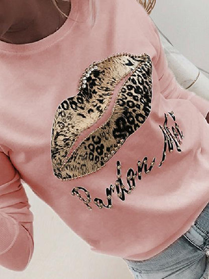 Women's T-Shirts Beaded Lips Leopard Print Long Sleeve Round Neck T-Shirt - T-Shirts - INS | Online Fashion Free Shipping Clothing, Dresses, Tops, Shoes - 07/09/2021 - 20-30 - Category_T-Shirts