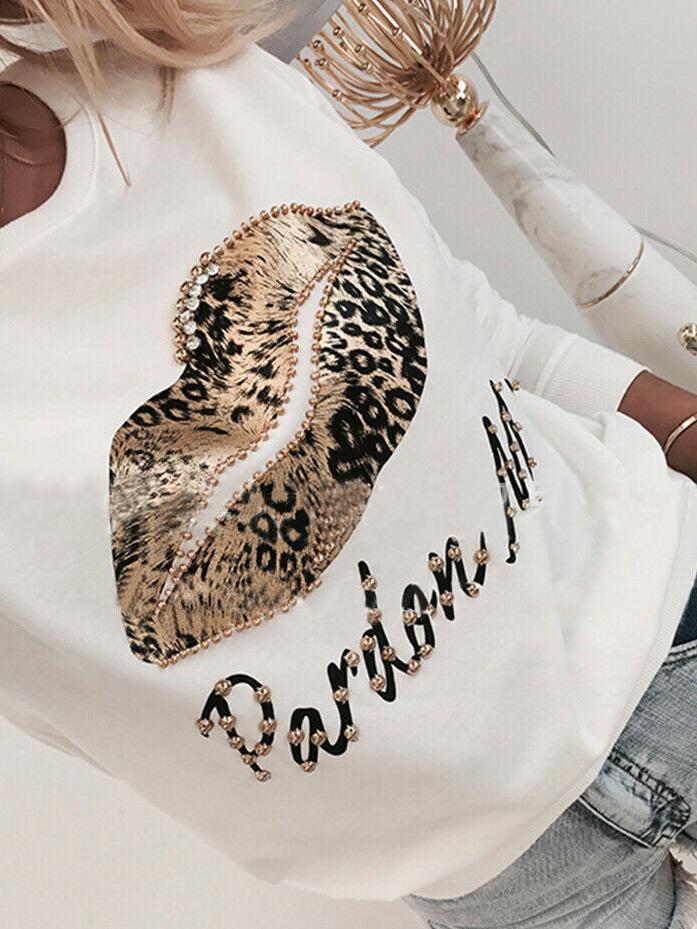 Women's T-Shirts Beaded Lips Leopard Print Long Sleeve Round Neck T-Shirt - T-Shirts - INS | Online Fashion Free Shipping Clothing, Dresses, Tops, Shoes - 07/09/2021 - 20-30 - Category_T-Shirts