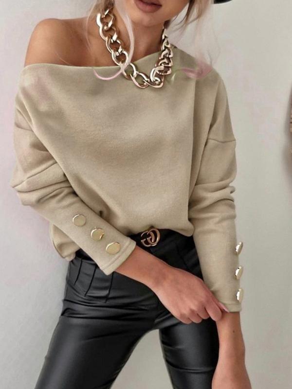 Women's T-Shirts Boat Neck Off Shoulder Button Long Sleeve T-Shirt - T-Shirts - INS | Online Fashion Free Shipping Clothing, Dresses, Tops, Shoes - 18/11/2021 - 20-30 - color-khaki