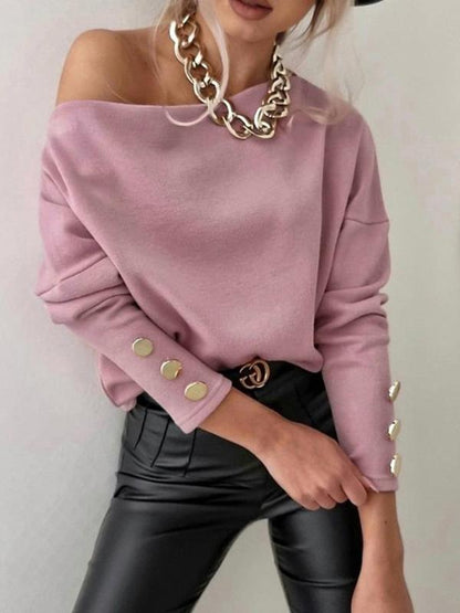 Women's T-Shirts Boat Neck Off Shoulder Button Long Sleeve T-Shirt - T-Shirts - INS | Online Fashion Free Shipping Clothing, Dresses, Tops, Shoes - 18/11/2021 - 20-30 - color-khaki