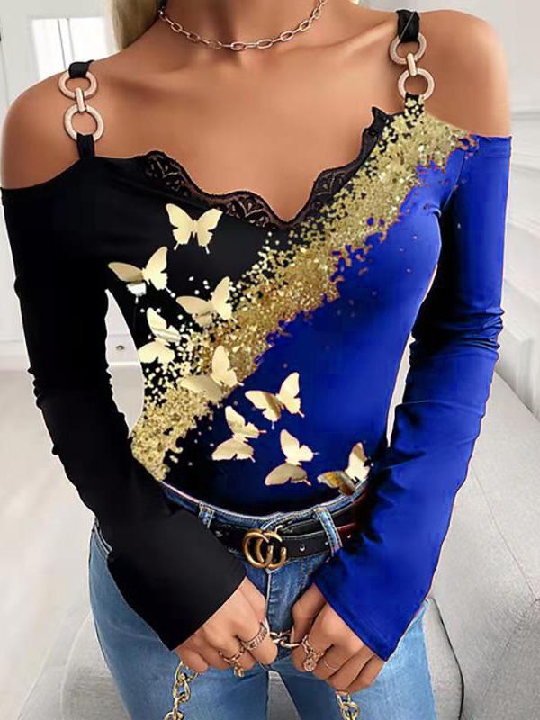 Women's T-Shirts Bronzing Butterfly Print Off-Shoulder T-Shirt - T-Shirts - INS | Online Fashion Free Shipping Clothing, Dresses, Tops, Shoes - 09/08/2021 - 10-20 - Category_T-Shirts