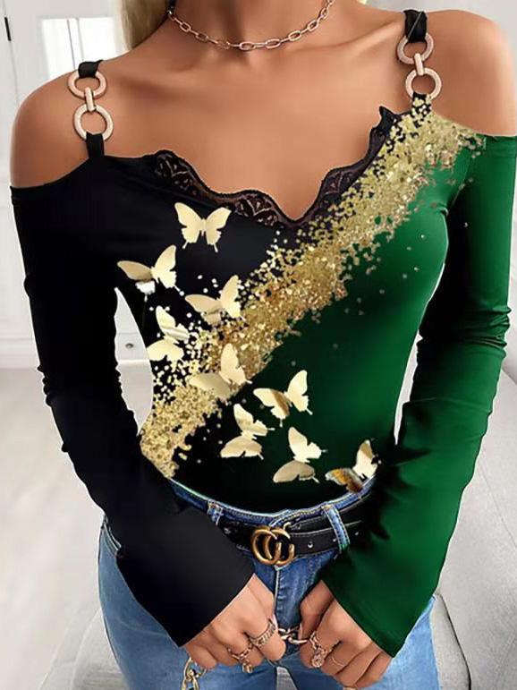 Women's T-Shirts Bronzing Butterfly Print Off-Shoulder T-Shirt - T-Shirts - INS | Online Fashion Free Shipping Clothing, Dresses, Tops, Shoes - 09/08/2021 - 10-20 - Category_T-Shirts