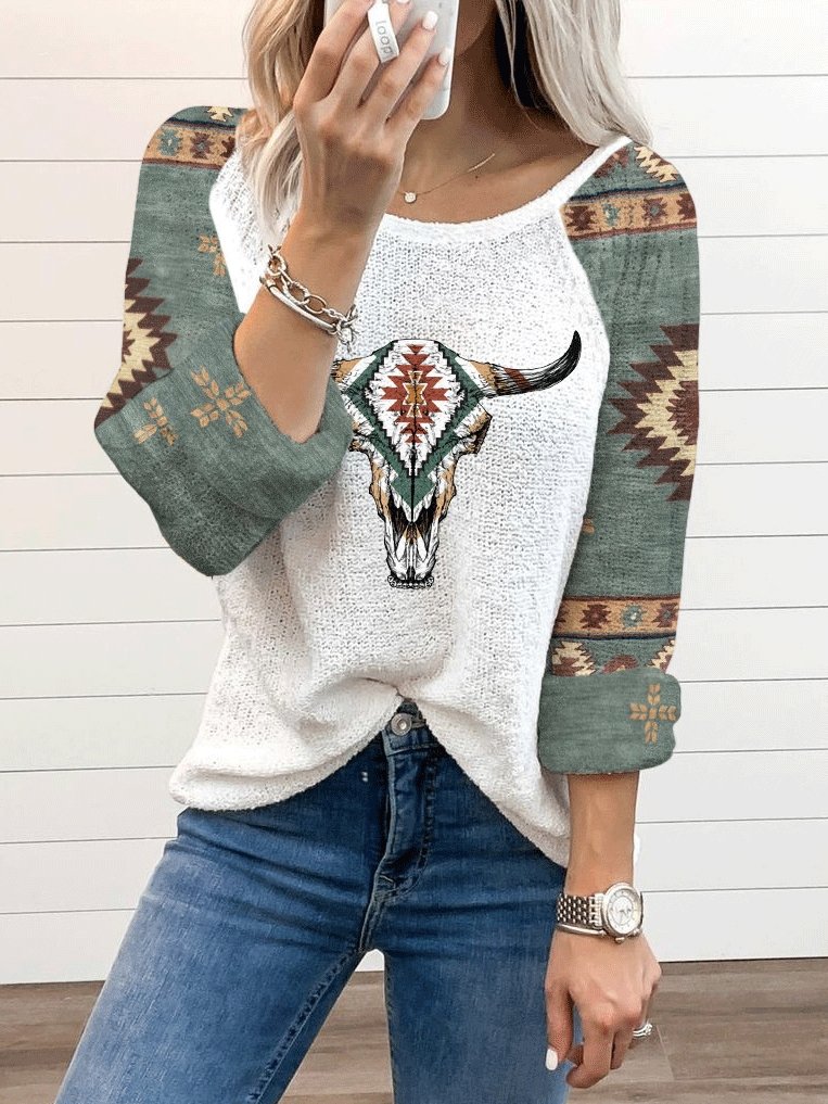 Women's T-Shirts Bull Head Print Round Neck Long Sleeve T-Shirt - T-Shirts - INS | Online Fashion Free Shipping Clothing, Dresses, Tops, Shoes - 20-30 - 28/09/2021 - color-white