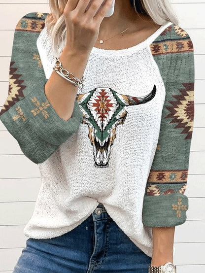 Women's T-Shirts Bull Head Print Round Neck Long Sleeve T-Shirt - T-Shirts - INS | Online Fashion Free Shipping Clothing, Dresses, Tops, Shoes - 20-30 - 28/09/2021 - color-white