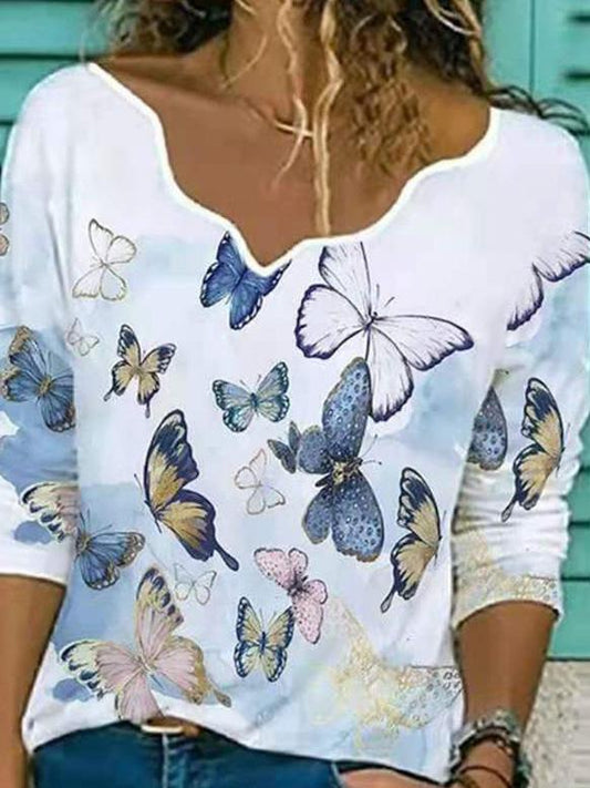 Women's T-Shirts Butterfly Print Featured Design Neckline Long Sleeve T-Shirt - T-Shirts - INS | Online Fashion Free Shipping Clothing, Dresses, Tops, Shoes - 01/09/2021 - 20-30 - Category_T-Shirts