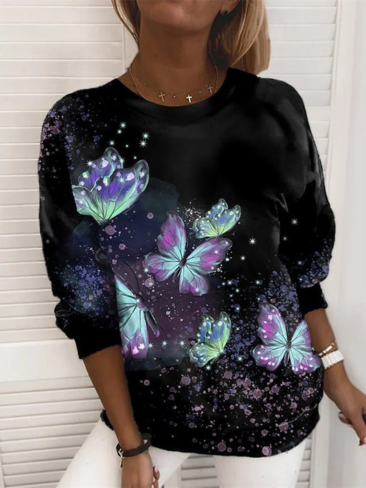 Women's T-Shirts Butterfly Print Round Neck Long Sleeve T-Shirt - T-Shirts - Instastyled | Online Fashion Free Shipping Clothing, Dresses, Tops, Shoes - 20-30 - 23/08/2022 - color-black