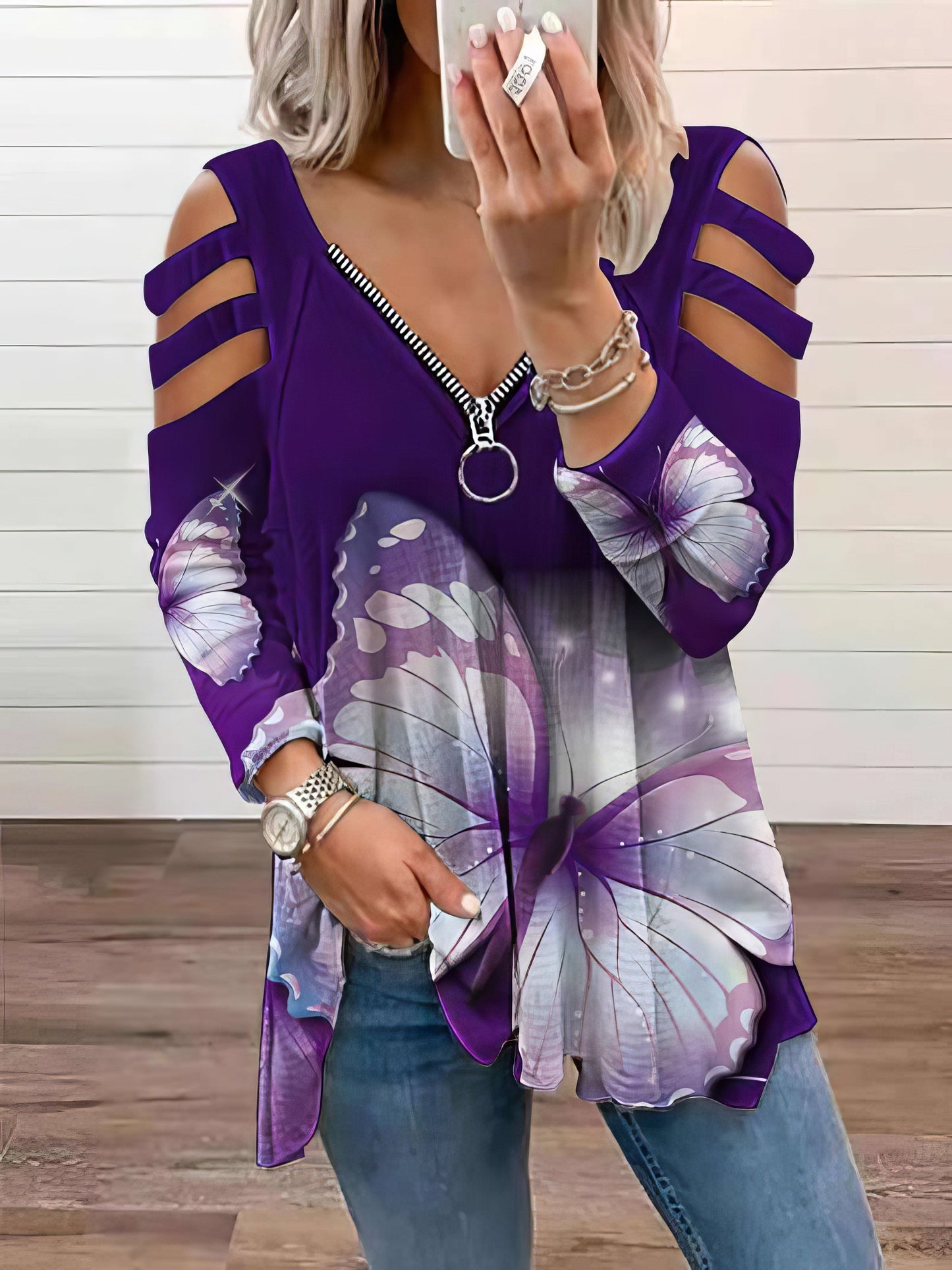 Women's T-Shirts Butterfly Print V-Neck Zipper Hollow Long Sleeve T-Shirt