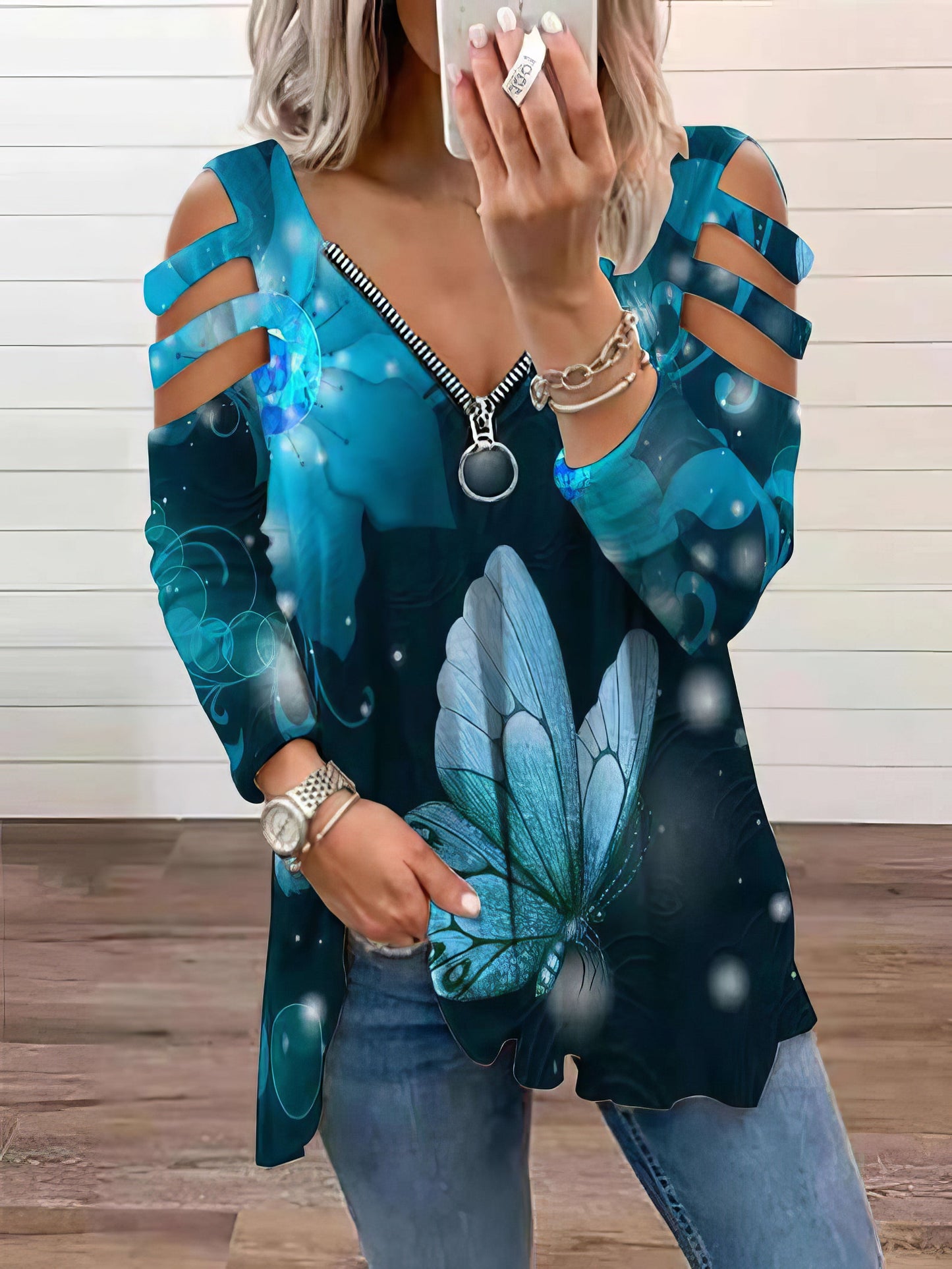 Women's T-Shirts Butterfly Print V-Neck Zipper Hollow Long Sleeve T-Shirt