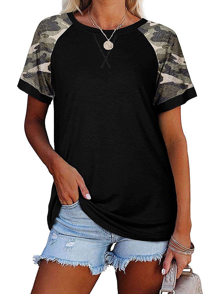 Women's T-Shirts Camouflage Print Round Neck Short Sleeve T-Shirt - T-Shirts - Instastyled | Online Fashion Free Shipping Clothing, Dresses, Tops, Shoes - 14/1/2023 - Color_Black - Color_Blue