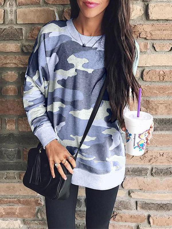 Women's T-Shirts Camouflage Round Neck Long Sleeve T-Shirt - T-Shirts - INS | Online Fashion Free Shipping Clothing, Dresses, Tops, Shoes - 15/10/2021 - Color_Blue - Color_Gray