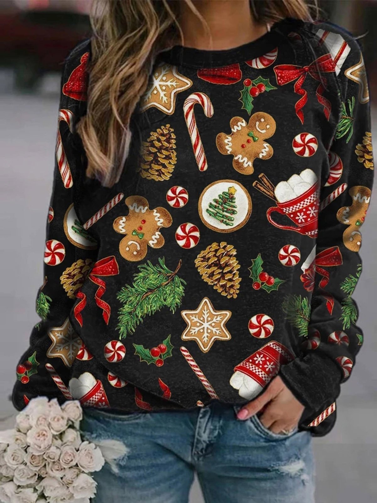 Women's T-Shirts Candy Christmas Tree Print Round Neck Long Sleeve T-Shirt - T-Shirts - INS | Online Fashion Free Shipping Clothing, Dresses, Tops, Shoes - 03/11/2021 - 20-30 - color-black