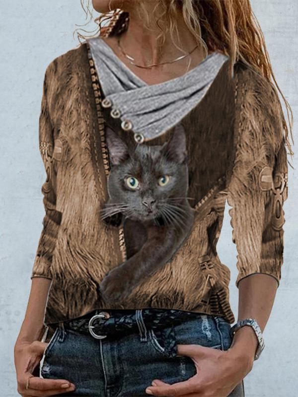 Women's T-Shirts Casual Pile Collar Cat Print Long Sleeve Pullover T-Shirts - T-Shirts - INS | Online Fashion Free Shipping Clothing, Dresses, Tops, Shoes - 02/09/2021 - 20-30 - Category_T-Shirts