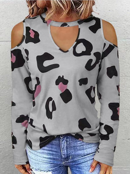 T-Shirts - Casual Printed Off Shoulder Long Sleeve T-Shirt - MsDressly