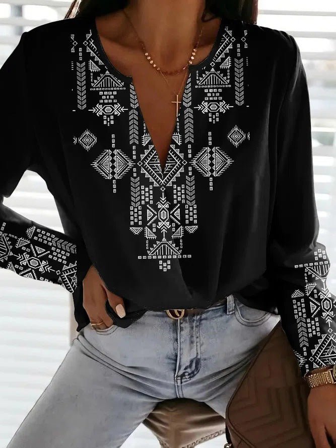 Women's T-Shirts Casual Printed V-Neck Long Sleeve T-Shirt - T-Shirts - Instastyled | Online Fashion Free Shipping Clothing, Dresses, Tops, Shoes - 01/09/2022 - 20-30 - color-black