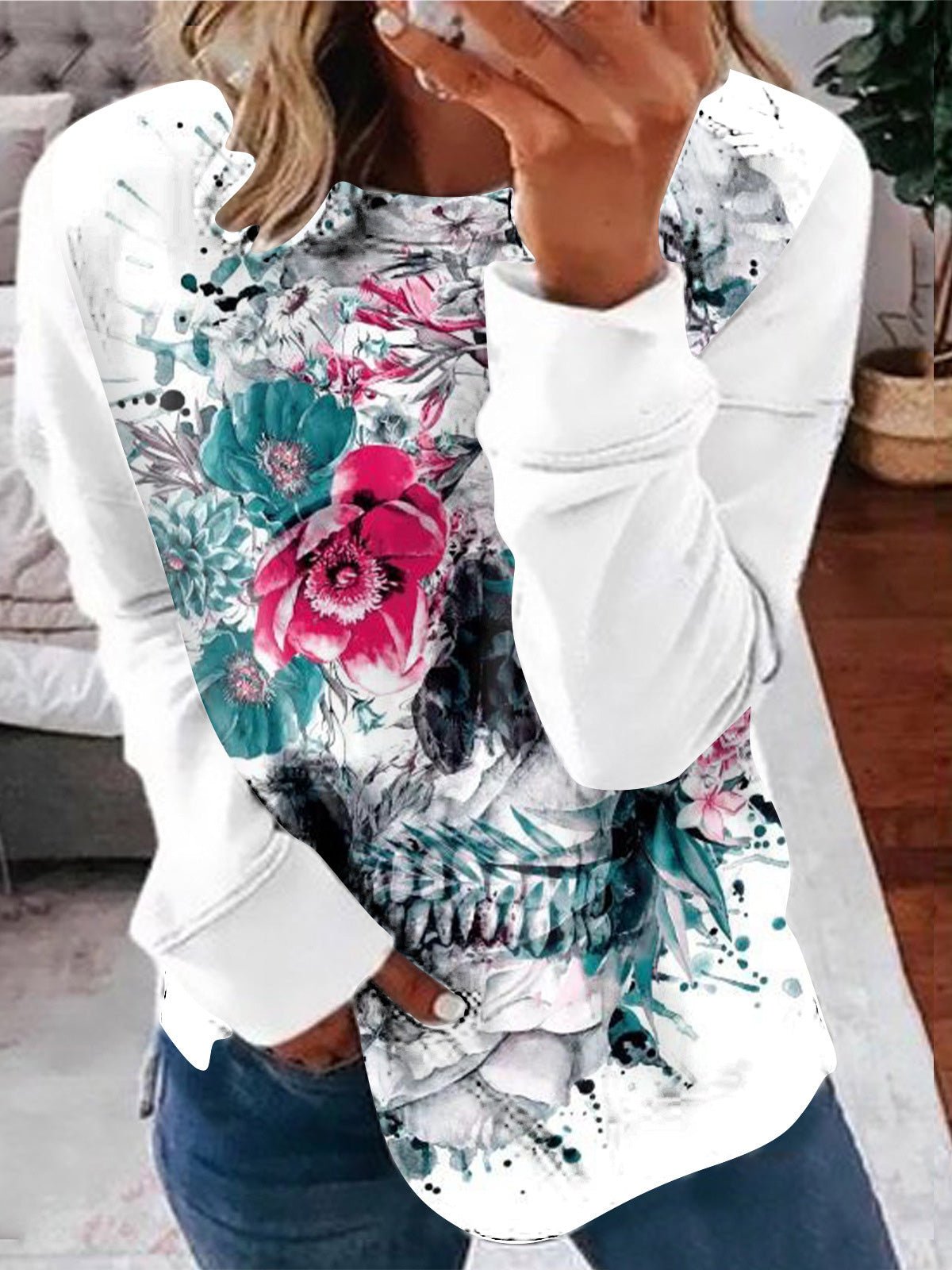 Women's T-Shirts Casual Skull Print Long Sleeve T-Shirt - T-Shirts - Instastyled | Online Fashion Free Shipping Clothing, Dresses, Tops, Shoes - 05/08/2022 - Color_Black - Color_Gray
